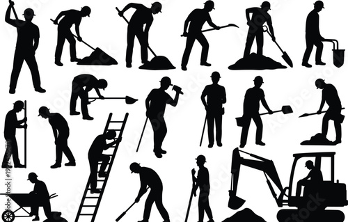 Construction worker silhouettes, manual labor illustration, shovel and pickaxe art, ladder and wheelbarrow design, excavator and survey concept, workforce representation