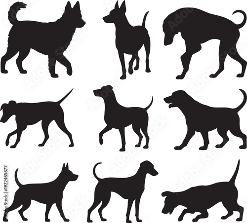Nine black silhouettes of different dog breeds standing, walking, and playing on a white surface