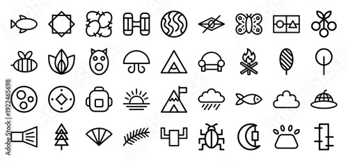 Outdoor adventure and nature exploration monoline elements. Chunky geometric line art featuring camping, hiking, wildlife, and wilderness icons for travel branding.