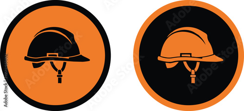 Two circular icons with construction hard hats, safety and security symbols