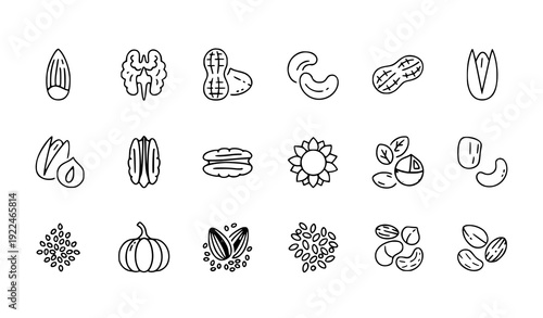 Nts and Seeds Editable Stroke Outline Icons Set – Pixel Perfect 64x64 Vector
