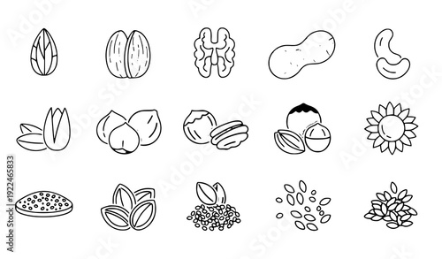 
Nuts & Seeds Outline Icon Collection – Minimal Editable Stroke Vector 64px