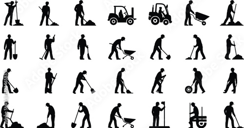 Construction worker silhouettes, manual labor tools, jackhammer and shovel illustration, wheelbarrow and ladder art, building site concept, industrial workforce design