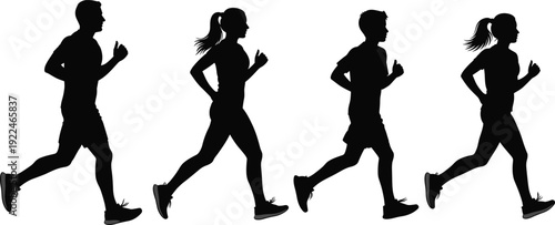Silhouette of active family with father mother son and daughter running together for fitness health and wellness on white background