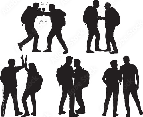 Six black silhouettes of people engaging in different interactions including punching, talking, and gesturing