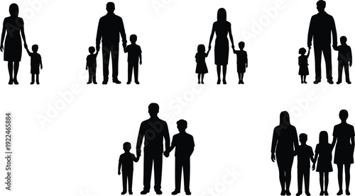 Family silhouettes, parent and child illustration, household diversity art, demographic study design, family unit concept, relationship representation