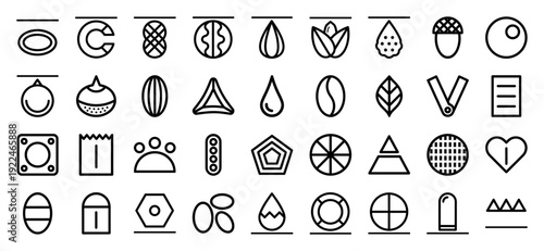 Abstract botanical and geometric monoline elements for organic branding. Technical line art featuring seeds, grains, nuts, and natural growth symbols for modern packaging design.