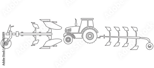 Tractor and plows coloring page. farm equipment for turning soil eps 10