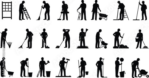 Worker silhouettes, cleaning and gardening illustration, maintenance tools art, sweeping and mopping design, landscaping labor concept, workforce diversity representation