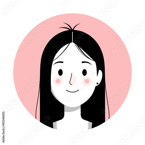 Minimalist Cartoon Portrait of a Young Woman with Long Black Hair and Pink Cheeks