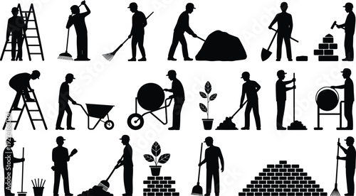Worker silhouettes, construction and gardening illustration, ladder and rake art, shovel and wheelbarrow design, landscaping labor concept, workforce representation