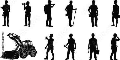 Worker silhouettes, construction and engineering illustration, surveyor and photographer art, toolbox and wrench design, front loader concept, workforce diversity representation
