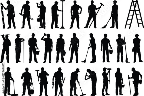 Worker silhouettes, construction and maintenance illustration, cleaning and repair art, ladder and bucket design, occupational diversity concept, workforce representation