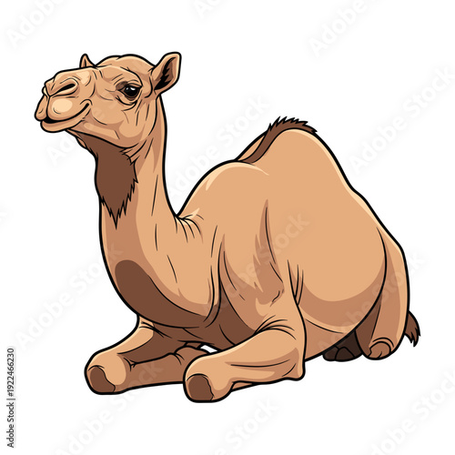 A Camel Rests in a Desert Landscape With Sand Dunes Under a Clear Blue Sky