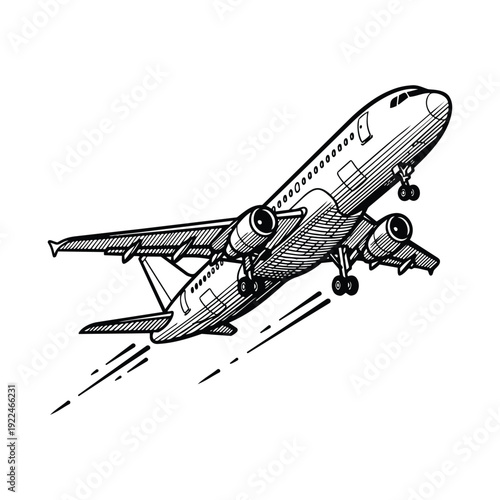 Detailed sketch of an airplane taking off, conveying travel and aviation