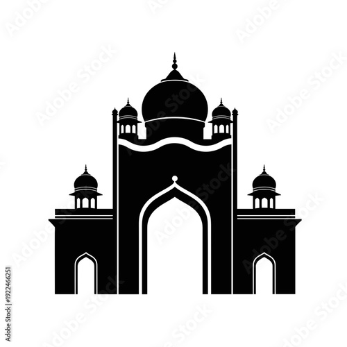 Silhouette Of A Monumental Islamic Architectural Structure With Arched Entrance And Domes Against A