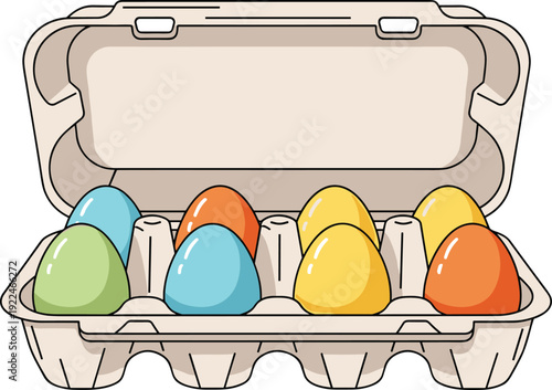 "Festive egg carton filled with colorful dyed Easter eggs in vibrant shades of green, blue, orange, and yellow, perfect for spring holiday decoration themes"