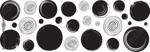 A dynamic arrangement of black circles and spiral shapes creating a visually engaging pattern