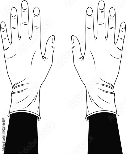 "Detailed black and white illustration of two hands wearing disposable latex gloves, symbolizing hygiene, medical safety, laboratory protection, and professional healthcare practices"
