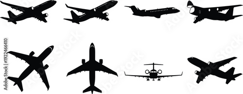 Airplane silhouette set with commercial passenger jets in multiple angles isolated on white background, detailed aircraft shapes for aviation design and travel graphics