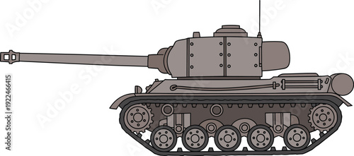 "Vintage military tank illustration with riveted armor, tracked chassis, suspension wheels, long barrel turret, cylindrical exhaust, detailed engineering design for historical warfare studies"