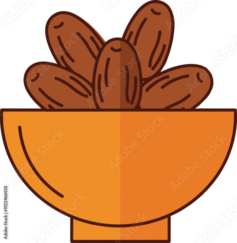 "Stylized bowl of dates illustration with minimal design, healthy food concept, Middle Eastern cuisine, nutritional fruit art, and cultural culinary representation"