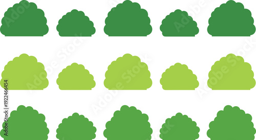 Grid of fifteen stylized bush vector illustrations in varying green shades and rounded shapes symbolizing foliage, landscaping, gardening, plants, and decorative design