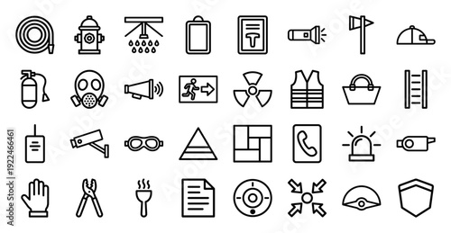 Emergency response and occupational safety outline pictograms. Professional monoline icons featuring firefighting equipment, hazard warnings, and industrial protection gear.