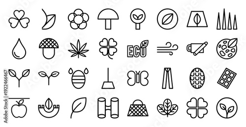 Sustainable ecology and environmental conservation line icons. Minimalist monoline pictograms for green energy, organic farming, and nature preservation.