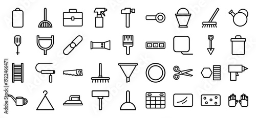 Home maintenance and professional repair toolkit elements featuring monoline outline symbols for construction, gardening, and household improvement tasks.