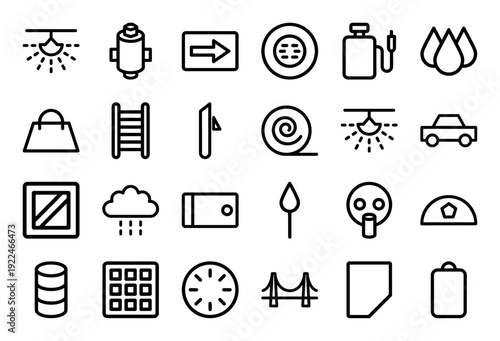 Fire safety and industrial emergency response equipment line icons. Professional monoline pictograms for hazard prevention and workplace protection systems.