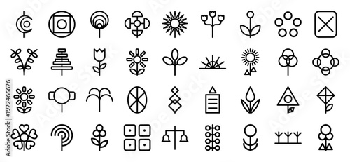Abstract geometric floral symbols and nature-inspired minimalist pictograms. Professional monoline graphic elements for organic branding and botanical identity design.
