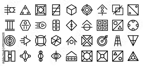 Abstract geometric monoline symbols for high-tech branding and data visualization. Minimalist black line pictograms featuring mathematical shapes and systemic engineering concepts.