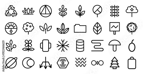 Sustainable ecosystem and nature conservation monoline icons featuring botanical growth, recycling symbols, and environmental science pictograms for green energy branding.