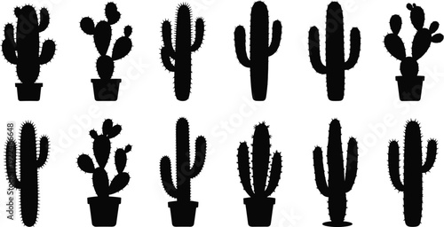 Cactus silhouette set with various desert plants in pots isolated on white background, detailed succulent shapes for botanical design and southwestern decor graphics