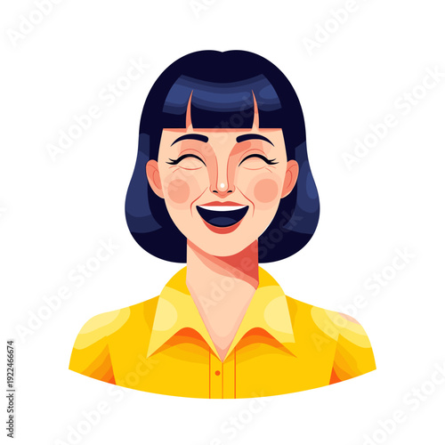 Joyful Woman Laughing With Eyes Closed in Yellow Shirt Studio Portrait