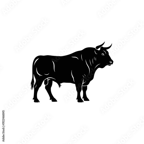Black Silhouette of a Powerful Bull Standing on White Background