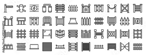 Security perimeter and infrastructure boundary line icons. Professional monoline pictograms of physical barriers, construction fencing, and industrial safety enclosures.
