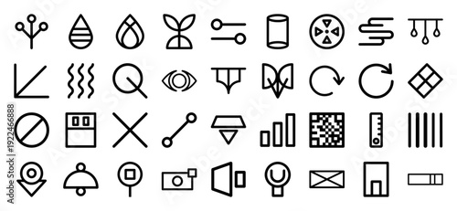 Abstract geometric monoline icons for technical diagrams and data visualization. Minimalist black line symbols representing growth, connectivity, and industrial process workflows.