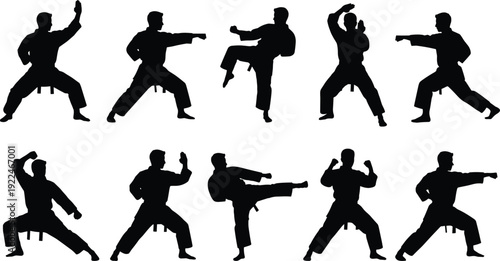 Karate martial arts silhouette set with male fighter in various fighting poses isolated on white background, dynamic combat stances for sports and training design