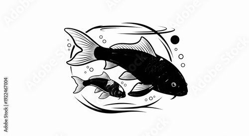 Stylized black fish swim in a circular water design with bubbles