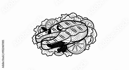 Stylized black and white line drawing of a raw fish steak on a bed of lettuce and lemon