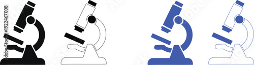 microscope icon isolated on white background, vector illustration of laboratory equipment in solid and outline styles for science, research, and education concepts.