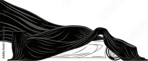Sleek vehicle outlined under a dark flowing cloth, one wheel exposed