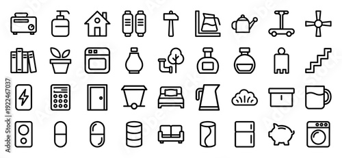 Lifestyle and household management monoline icons featuring domestic appliances furniture and daily routine essentials in a chunky geometric line art style.