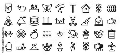 Sustainable urban gardening and organic farming monoline icons. Minimalist black line pictograms for agricultural technology, seedling growth, and botanical maintenance.