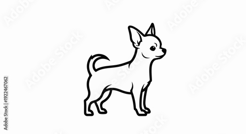 Stylized black and white line drawing of a small dog