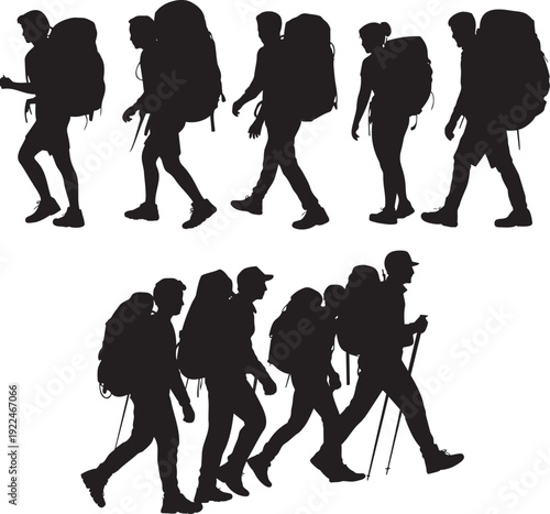 Eight black silhouettes of backpackers walking outdoors carrying large travel packs on a sunny journey