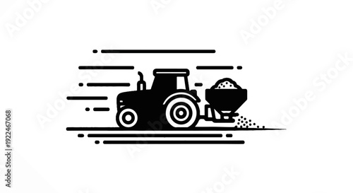 Stylized black and white illustration of a tractor sowing seeds in a field