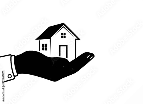 Stylized black hand holding a white house, symbolizing real estate or security